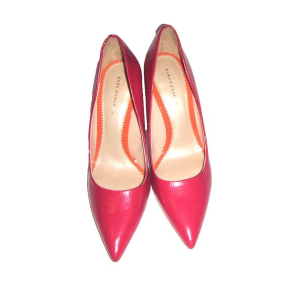 Zara Woman Size EU 39 U 8.5 Red Pointed Toe Faux Leather Stiletto Pumps, 4" Heel - Picture 3 of 9